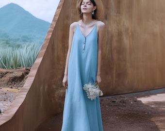 Anysize custom V-neck 100% linen sleeveless loose maxi dress with side pockets spring summer plus size dress plus size clothing F80AL