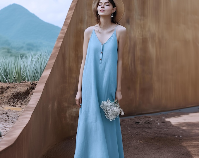 Anysize custom V-neck 100% linen sleeveless loose maxi dress with side pockets spring summer plus size dress plus size clothing F80AL