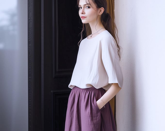 Anysize custom half sleeves 100% linen blouses side slit casual loose summer shirt v neck t-shirts plus size tops plus size clothing F16CL