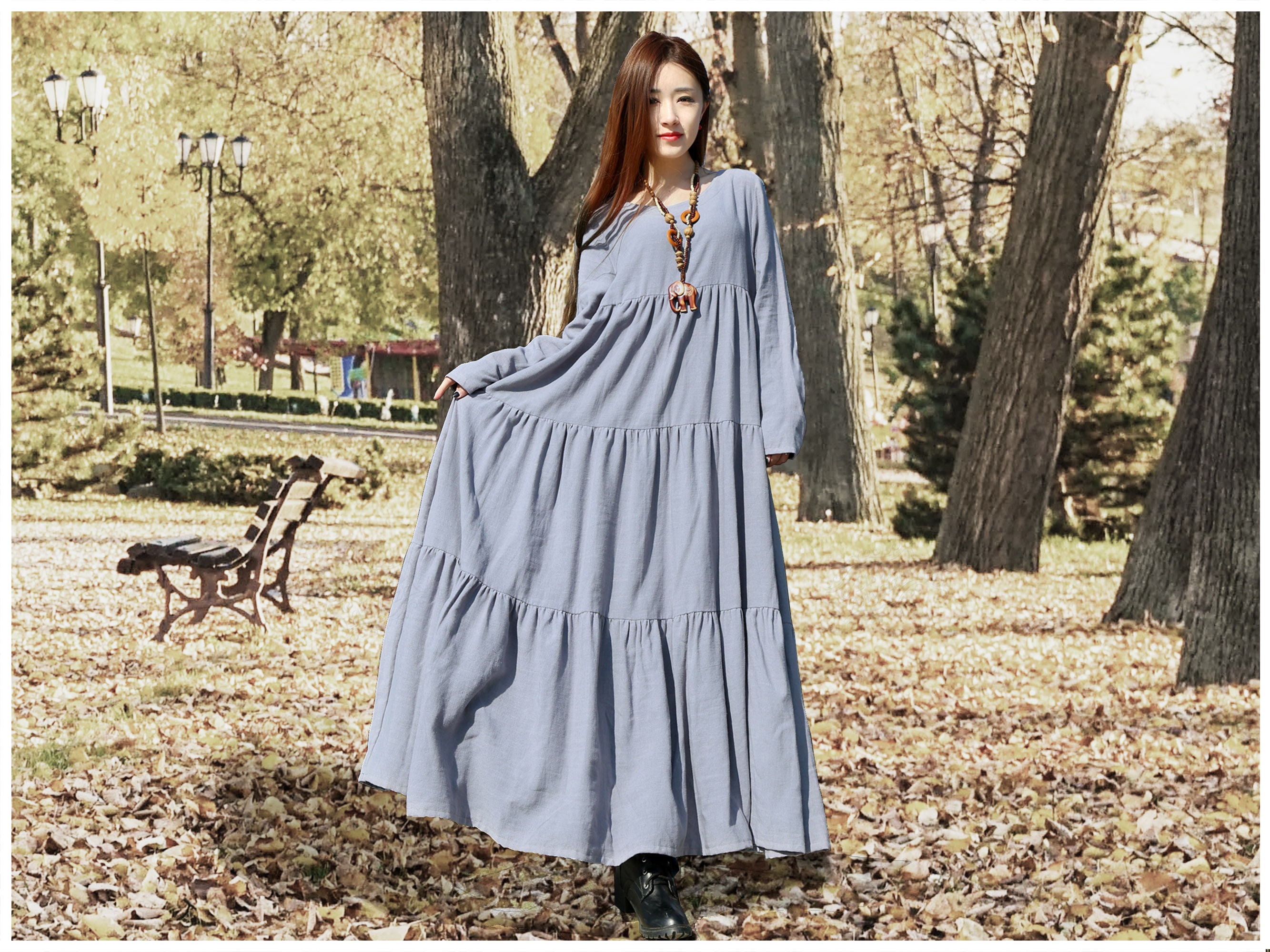 Anysize Long Sleeves 3lbs Casual Loose Linen Cotton Maxi Dress - Etsy