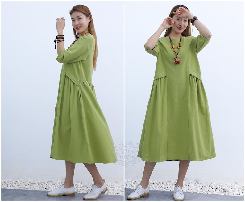 Anysize with side pockets soft linen cotton spring summer fall dress plus size dress plus size clothing F235A