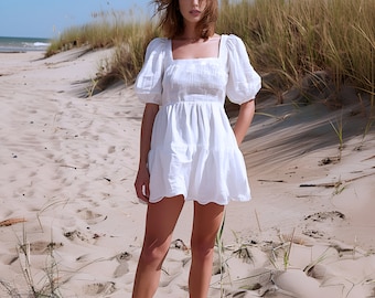 Anysize custom 100% linen midi dress with side pockets puff sleeves loose square neck style plus size dress plus size clothing F462L