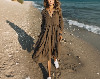 Anysize custom soft linen cotton dress functional buttons plus size dress with side pockets spring fall plus size clothing F71PE