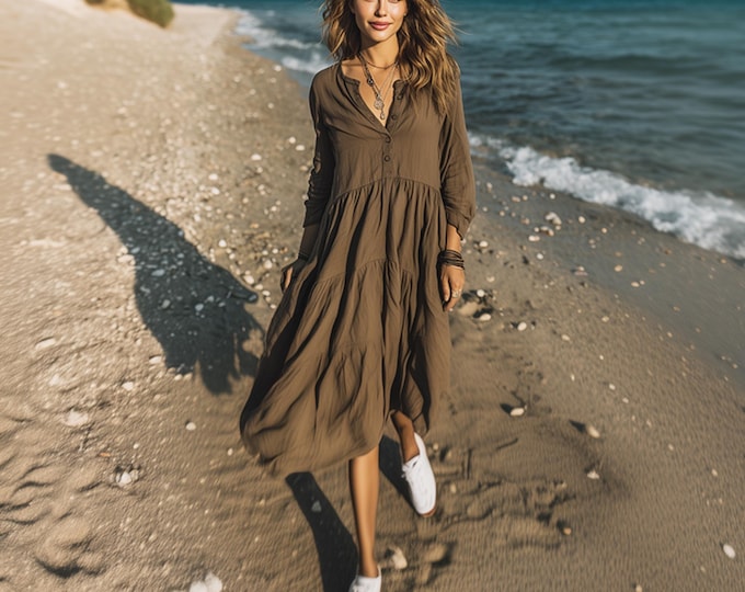 Anysize custom soft linen cotton dress functional buttons plus size dress with side pockets spring fall plus size clothing F71PE