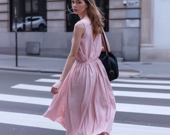 Anysize custom 100% linen back deep V-neck sleeveless loose dress with side pockets belted summer plus size dress plus size clothing F449L