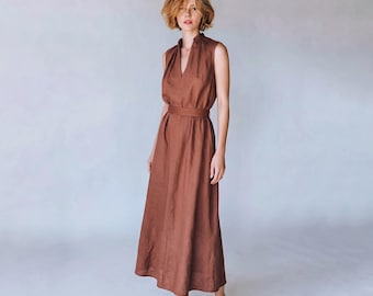 Anysize Custom 100% Linen Maxi Dress Women Sleeveless Dress V Neck Belted Loose Fit A Line Dress Spring Summer Fall Plus Size Dress F62HL