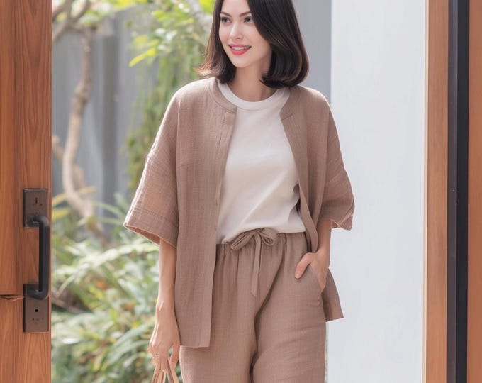 Anysize custom 100% linen cardigan 3/4 sleeves tops casual loose summer shirt v neck t-shirts plus size tops plus size clothing F5RL