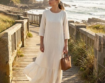 Anysize Custom Soft Linen Cotton 3/4 Sleeves Maxi Dress With Ruffle Hem Side Pockets Spring Summer Fall Plus Size Clothing F73TE