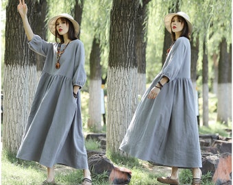 Anysize 3/4 bishop sleeves with side pockets spring fall winter plus size maxi dress linen dress for women plus size clothing T227N