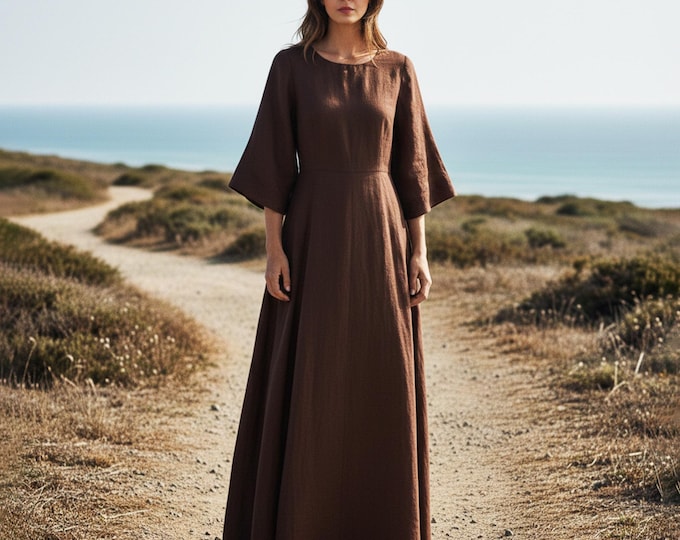 Anysize Custom 100% Linen Maxi With 3/4 Bell Sleeve Back Waist Tie Minimalist A-Line Long Dress Elegant Autumn Resort Plus Size Dress F37UL
