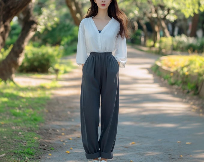 Anysize custom linen cotton spring fall pants with elastic waist side pockets long trousers plus size pants plus size clothing F665N