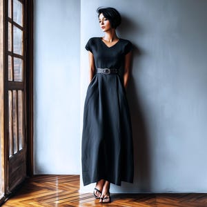 Anysize custom cap sleeves 100% linen V neck dress summer maxi dress with side pockets plus size dress plus size clothing F53JL