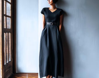 Anysize custom cap sleeves 100% linen V neck dress summer maxi dress with side pockets plus size dress plus size clothing F53JL