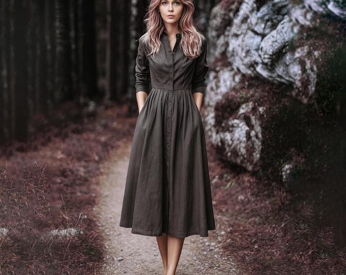 Anysize Custom Linen Cotton Shirt Dress Long Sleeves Buttoned Dress With Side Pockets Spring Fall Plus Size Dress Plus Size Clothing F41SN