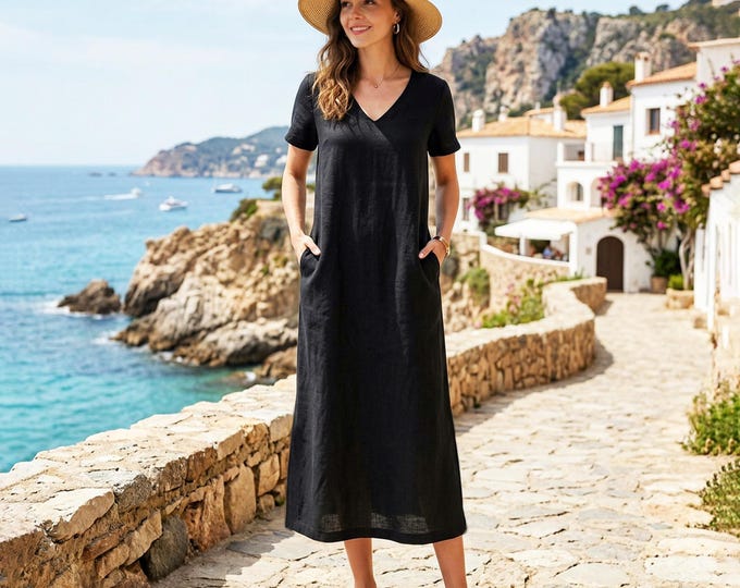 Anysize Custom 100% Linen V Neck Summer Dress With Back Slit Loose Fit Linen Dress with Pockets Plus Size Dress Plus Size Clothing F77UL