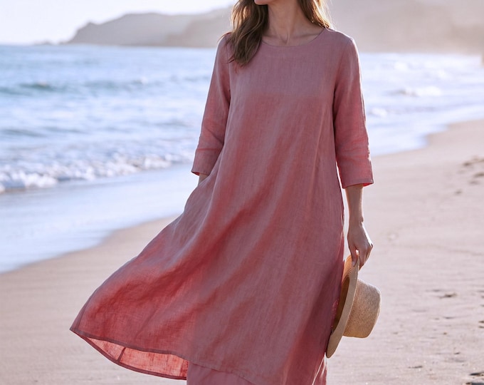 Anysize Custom Fake Two Pieces 100% Linen Dress With Side Pockets Casual Loose Spring Summer Full Plus Size Dress Plus Size Clothing F88TL