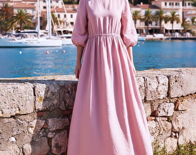 Anysize Custom 100% Linen Maxi Dress 3/4 Puff Sleeve Dress with Elastic Waist Minimalist A-Line Long Dress Summer Plus Size Dress F38UL