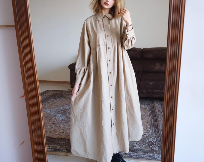 Anysize linen cotton long sleeves buttoned shirt dress with side pockets spring fall retro plus size dress plus size clothing F80YN