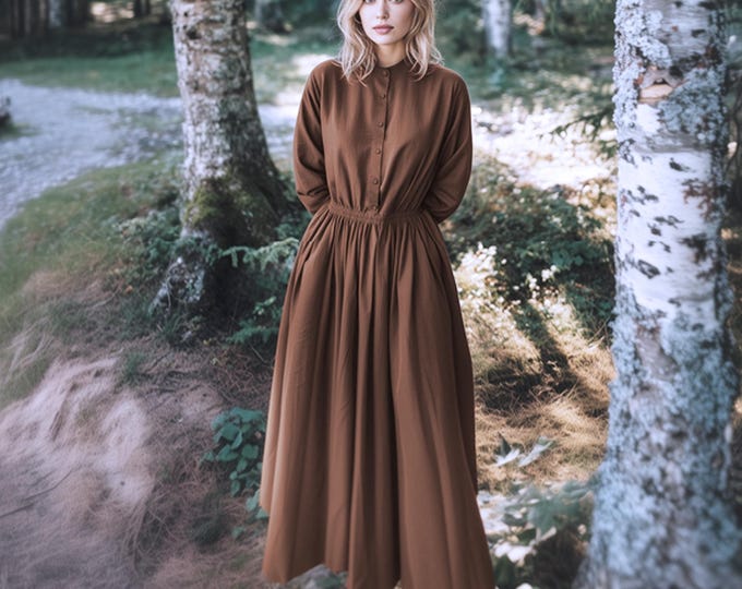 Anysize Linen Cotton Dress: Custom Retro Button Long Sleeve Pocket Dress F48PN