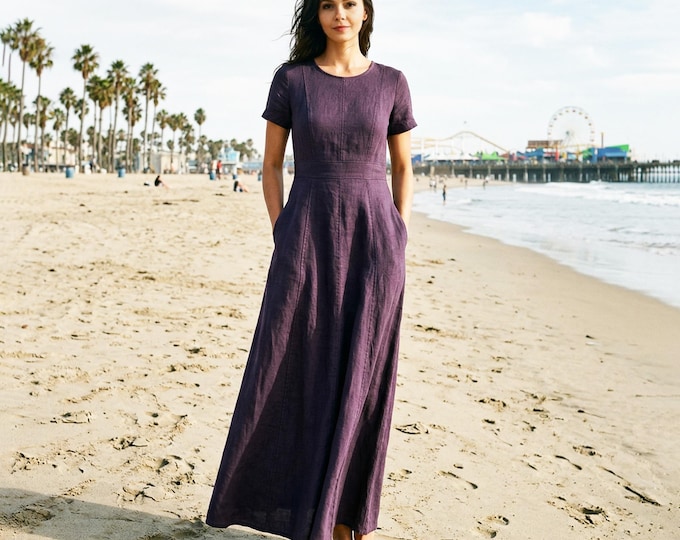Anysize Custom 100% Linen Maxi Dress Women Fitted Waist A-Line Long Dress Short Sleeve Casual Summer Dress with Pockets Back Zipper F62VL