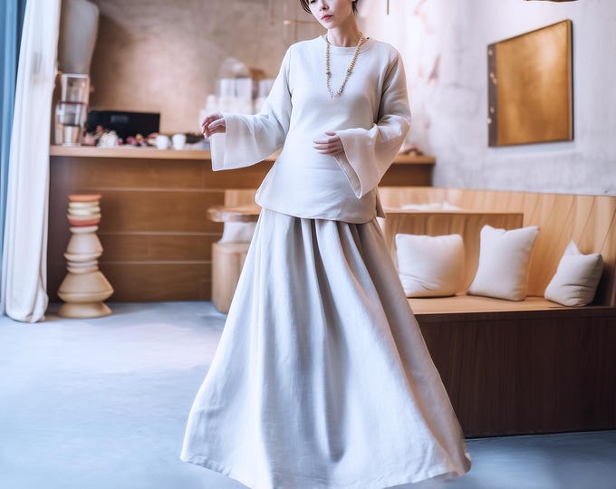 Anysize custom 100% linen spring summer maxi skirt A-line with elastic waist plus size skirt plus size clothing F25JL