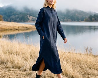 Anysize Custom Linen Cotton Shirt Dress with Hidden Button Maxi Dress Long Sleeves Casual Loose Dress Spring Fall Plus Size Dress F68HN
