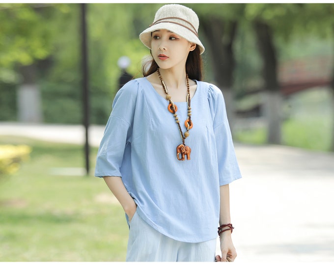 Anysize tucked sleeve linen cotton tops half sleeves T-shirt loose tops soft summer clothing plus size clothing T131Q