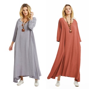 Anysize SALE 3/4 sleeves soft linen cotton dress with side pockets spring summer fall plus size dress plus size clothing F175A