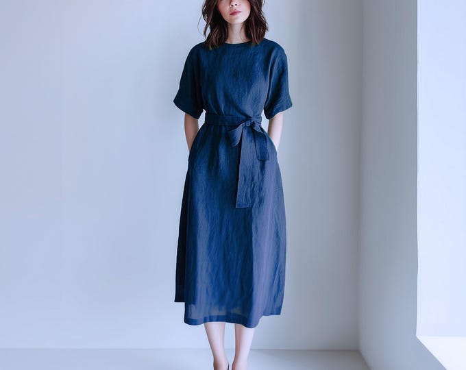 Anysize custom 100% linen half sleeves dress with side pockets belted round neck plus size dress plus size clothing F75RL