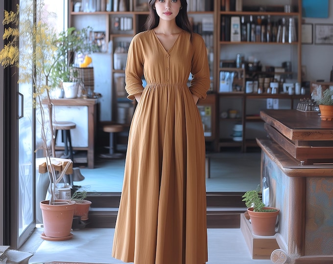 Anysize custom v neck linen cotton plus size dress with functional buttons side pockets spring fall retro plus size clothing F853N