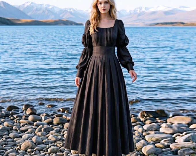 Anysize Custom 100% Linen Vintage Maxi Dress Square Neck Bishop Sleeve Dress Pleated Bodice Romantic Cottagecore Dress With Pockets F97VL