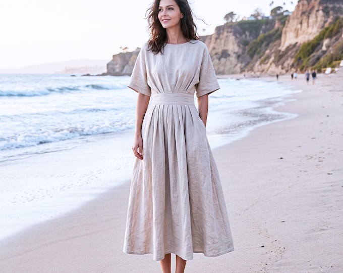 Anysize Custom 100% Linen Pleated Dress With Pockets Short Sleeve Summer Dress Fitted Waist With Side Zipper Casual Elegant Dress F30VL