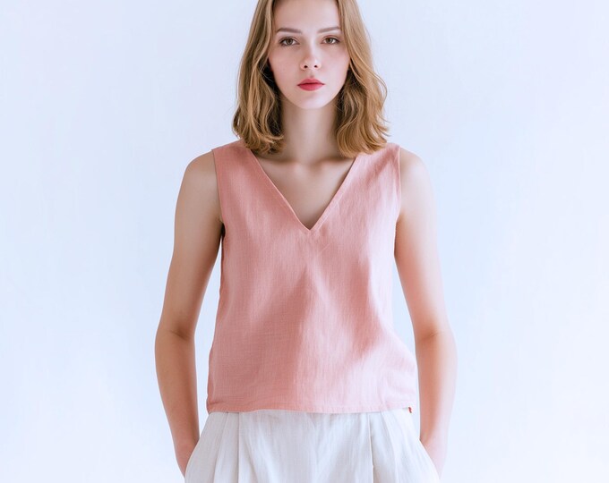 Anysize custom V neck 100% linen sleeveless tank loose tops summer linen shirt plus size tops plus size clothing F80JL