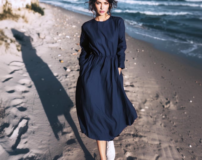 Anysize custom linen cotton dress long sleeves with side pockets elastic waist dress spring fall plus size dress plus size clothing F86PN