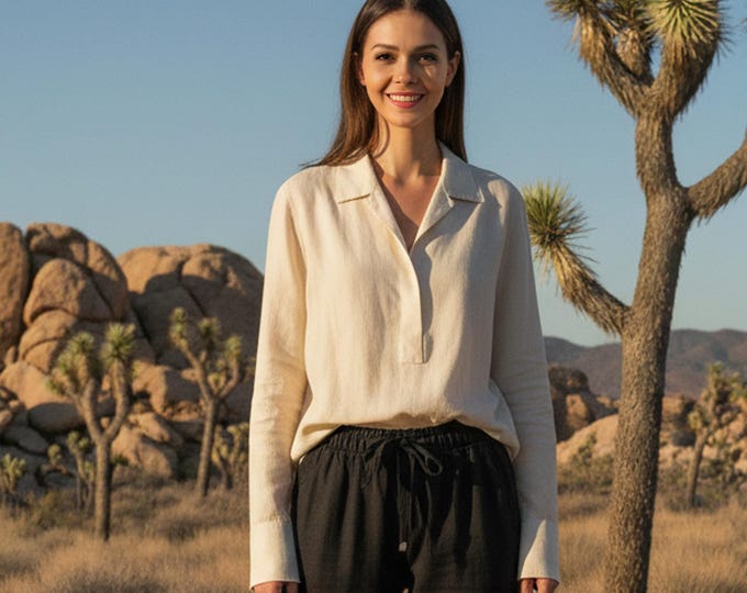 Anysize Custom Collared Shirt Soft Linen Cotton Long Sleeves Blouse With Buttons Spring Fall Plus Size Blouse Plus Size Clothing F67SN