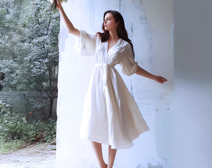 Anysize custom 100% linen deep v neck dress belted dress wide sleeves with pockets spring summer plus size dress plus size clothing F90AL