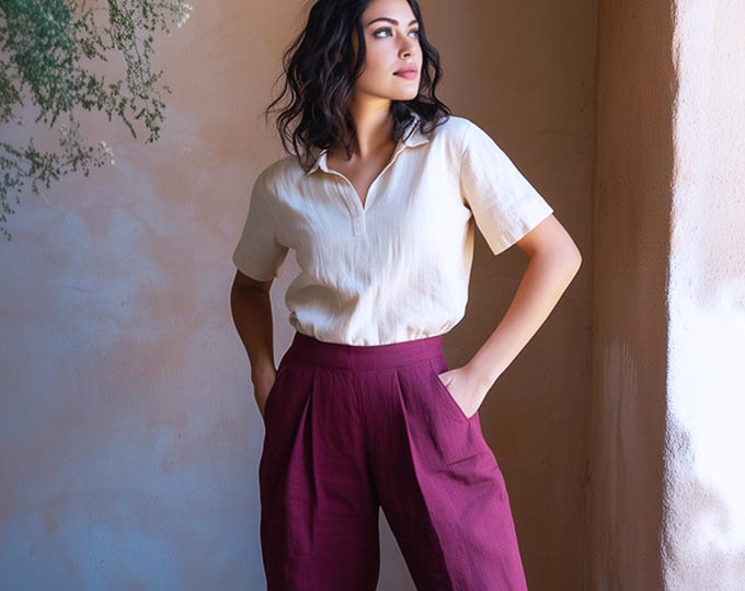 Anysize custom 100% linen short sleeves casual blouse loose shirts spring summer fall plus size tops plus size clothing F93CL
