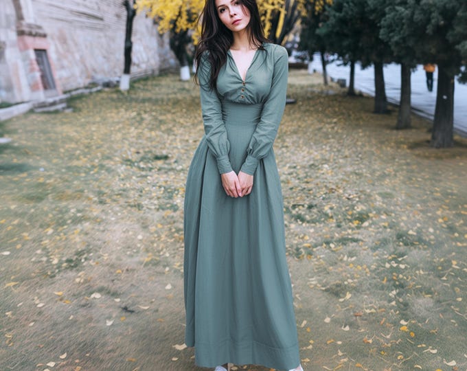 Anysize custom linen cotton plus size dress back tied long sleeves with pockets functional buttons spring fall plus size clothing F46PN