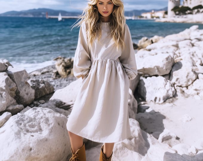 Anysize custom elastic cuff sleeves linen cotton dress with side pockets spring fall winter robe plus size dress plus size clothing F5SN