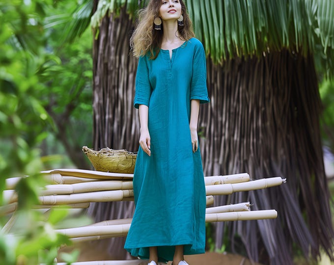 Anysize custom 100% linen maxi dress 3/4 sleeves with side pockets v neck spring fall plus size dress plus size clothing F86AL