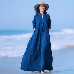 Anysize custom 100% linen long sleeves maxi dress buttoned V neck dress with pockets spring summer plus size dress plus size clothing F34RL