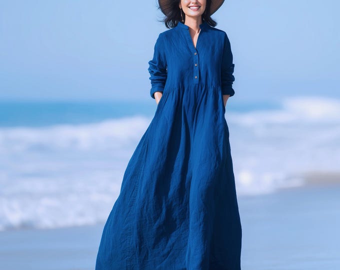 Anysize custom 100% linen long sleeves maxi dress buttoned V neck dress with pockets spring summer plus size dress plus size clothing F34RL