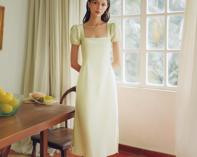 Anysize custom 100% linen square neck dress with side pockets short sleeves plus size dress plus size clothing F7RL