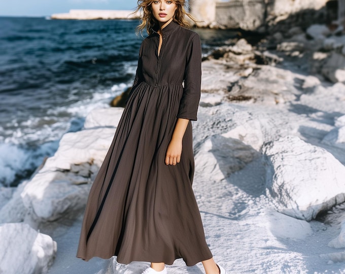 Anysize Custom Stand Collar Functional Buttons 3/4 Sleeves Linen Cotton Dress With Pockets Spring Fall Retro Plus Size Clothing F35SN