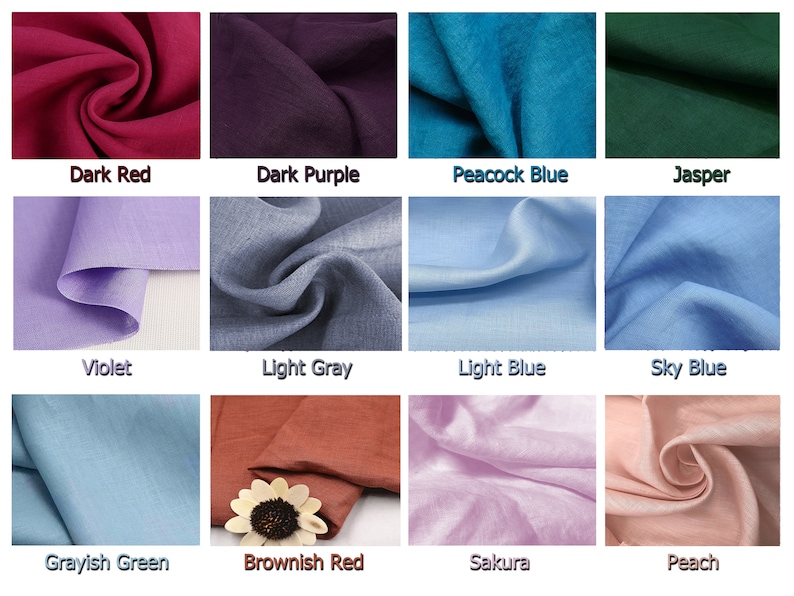May include: A collection of fabric swatches in various colors, including dark red, dark purple, peacock blue, and jasper. Other colors include violet, light gray, light blue, sky blue, grayish green, brownish red, sakura, and peach. Each swatch has a color name displayed.