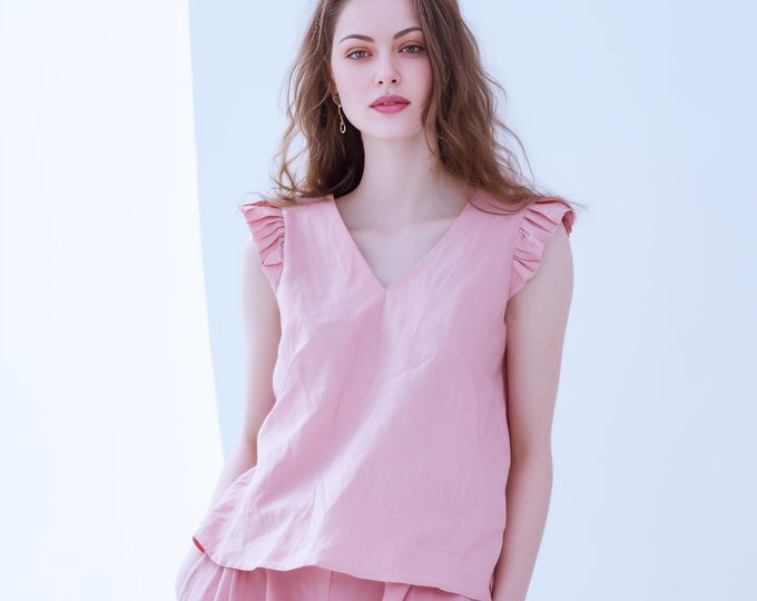 Anysize custom 100% linen sleeveless tops V neck loose tops summer tank plus size tops plus size clothing F82JL