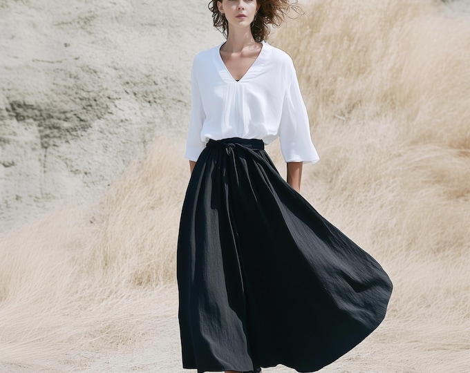 Anysize custom maxi skirt 100% linen A-line elastic waist with belt spring summer fall plus size skirt plus size clothing F7DL
