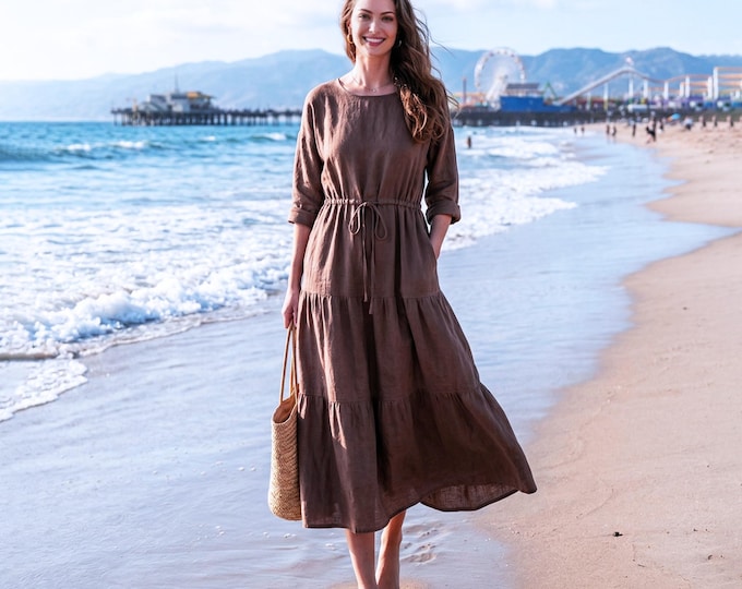 Anysize Custom 100% Linen Tiered Midi Dress Women Tie Waist 3/4 Sleeve Flowy Summer Beach Dress with Pockets Dress Plus Size Dress F46UL