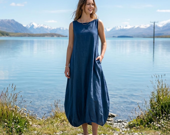 Anysize Custom 100% Linen Sleeveless Dress Women Balloon Hem Loose Dress Cocoon Style Casual Relaxed Fit Summer Dress With Pockets F48WL