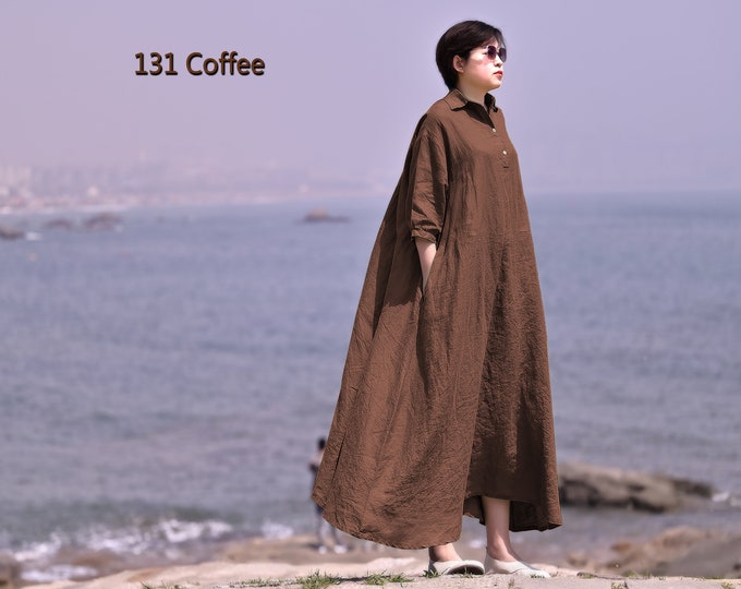 Anysize 100% linen loose shirt dress with buttons polo collar full skirt spring summer fall maxi plus size dress plus size clothing F337L